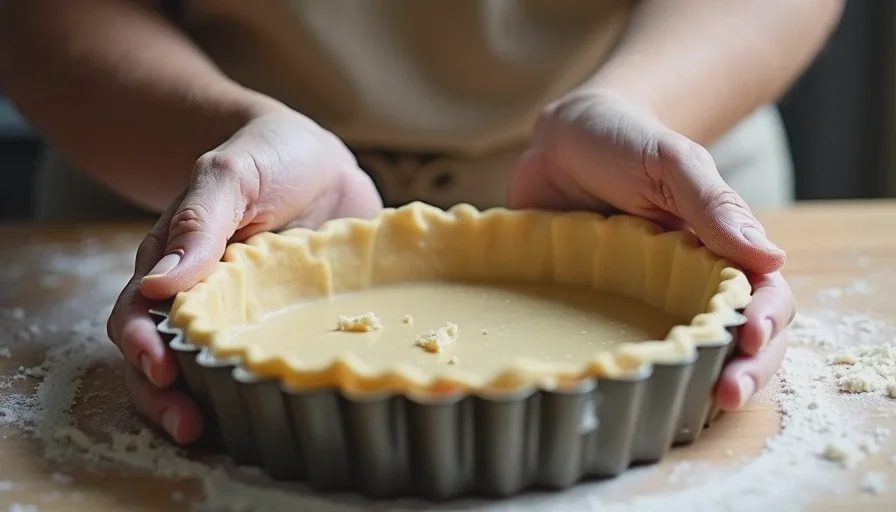 Hands pressing dough into a tart pan for a simple press-in crust