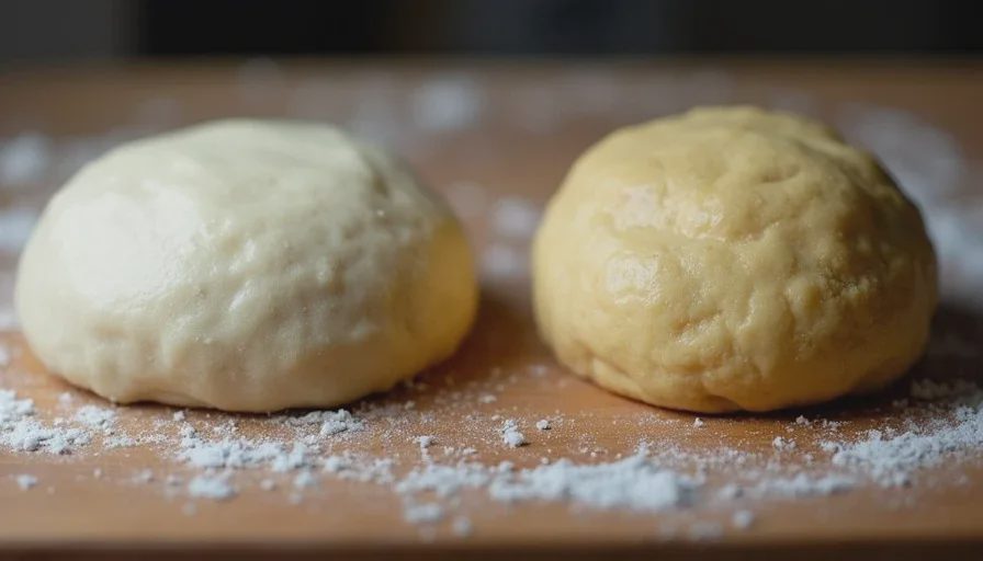 Same proteins, different amounts of development Elastic bread dough next to tender cake batter showing different gluten levels