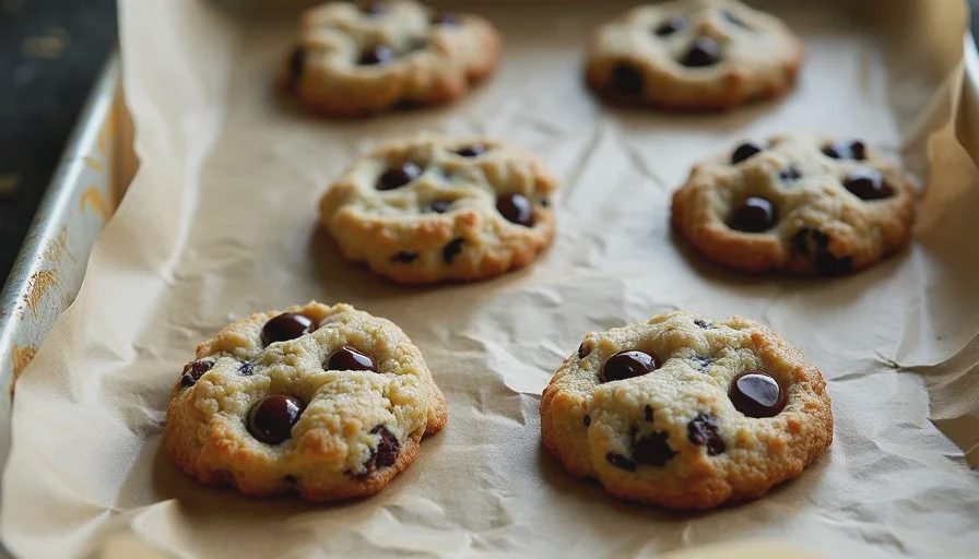 Just-baked chocolate chip cookies with golden edges and soft centers