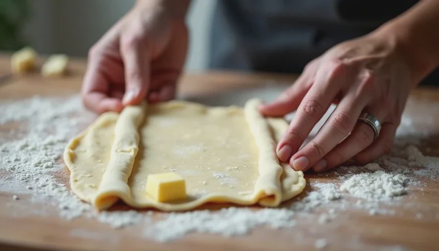 The simple folds that create real layers Hands folding rough-puff dough into thirds during lamination