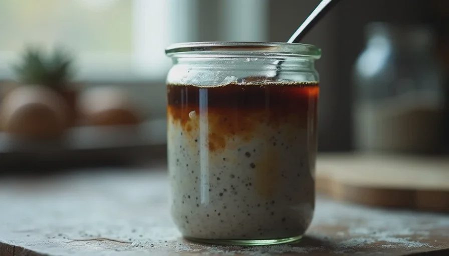 Neglected sourdough starter with dark hooch layer on top