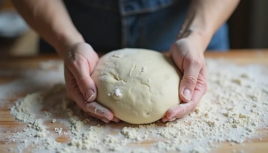 Pre-shaping before the final cold proof Hands pre-shaping wet sourdough dough with a bench scraper