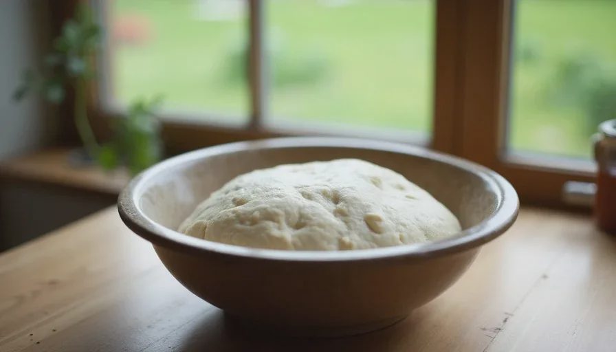 Dough proofing near a window that looks out on the garden
