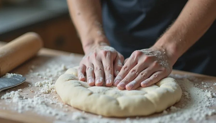 The tension he refused to let me skip Hands shaping dough with clear surface tension on a bakery bench