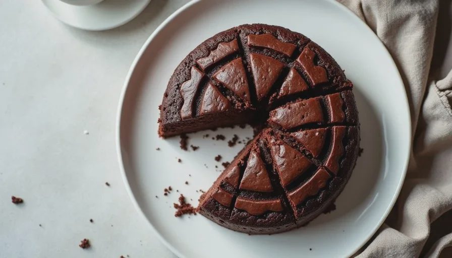 Chocolate cake with a large natural crack and one messy slice removed