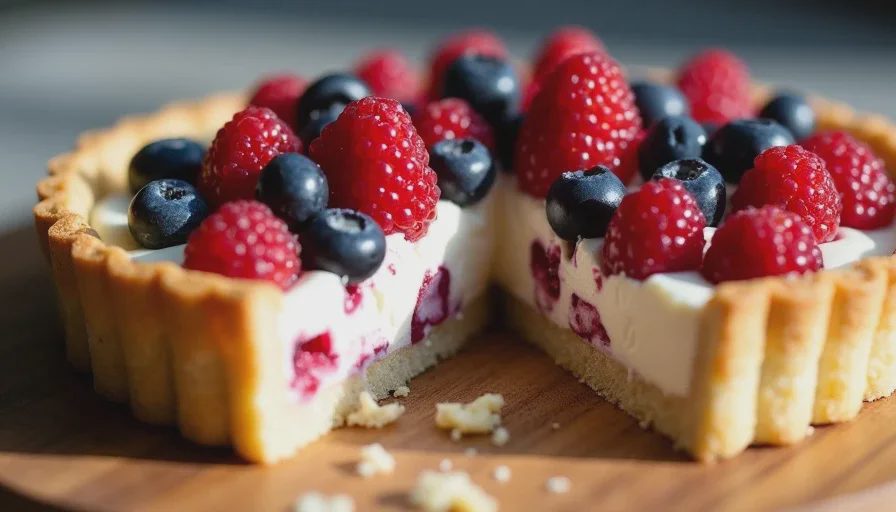 Berry tart with a messy toddler portion already taken