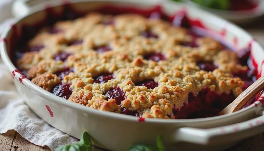 The version that came out of the garden this week Baked mixed-fruit crumble with golden topping and bubbling edges
