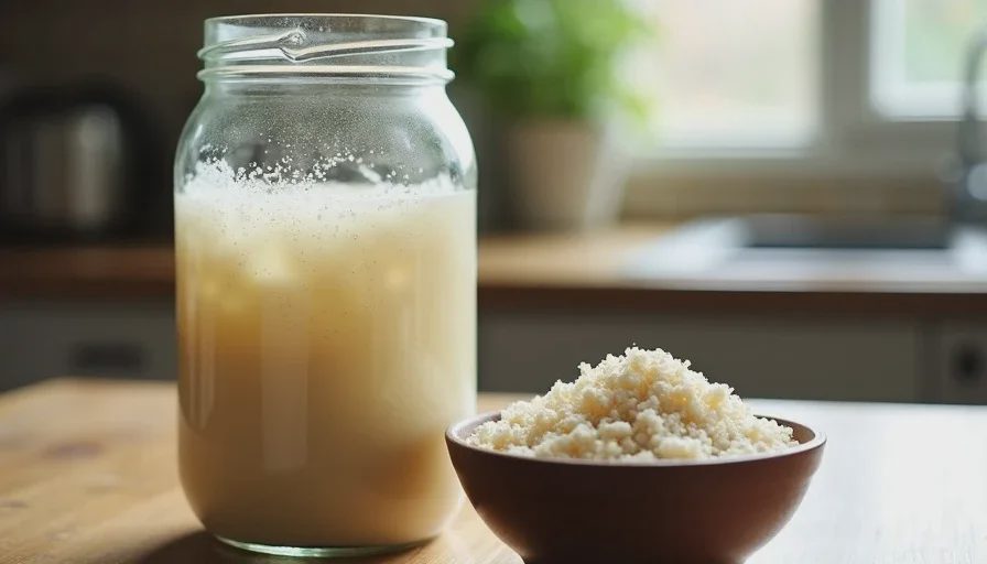 Living culture versus concentrated commercial yeast Bubbly sourdough starter beside dry instant yeast for comparison