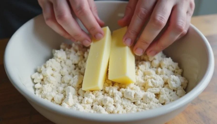The cold-butter topping that stays crisp Hands making rough crumble topping with cold butter