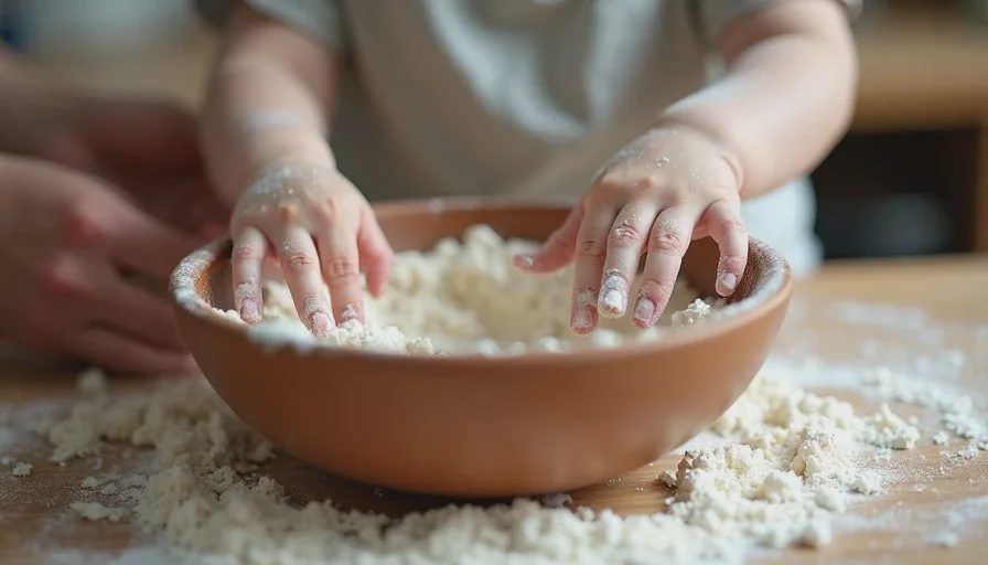Baking with a 3.5-year-old: flour everywhere, and that's fine