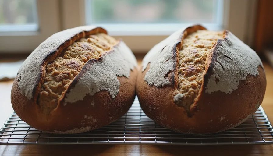 Side-by-side comparison of bakery-style and home-oven sourdough loaves