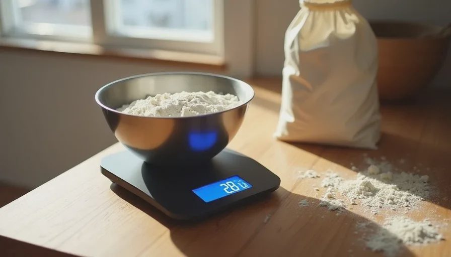 Kitchen scale weighing exactly 280 grams of flour
