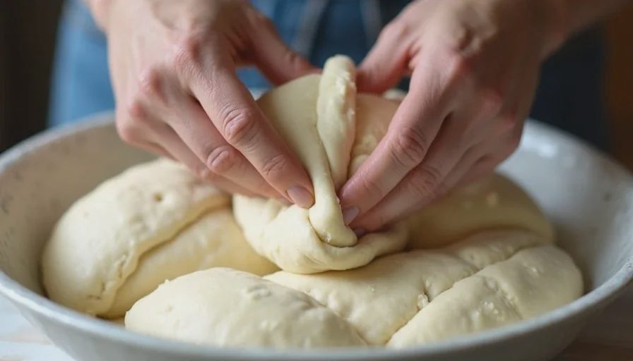 Technique matters more than the number on the page Hands managing higher-hydration dough with a coil fold