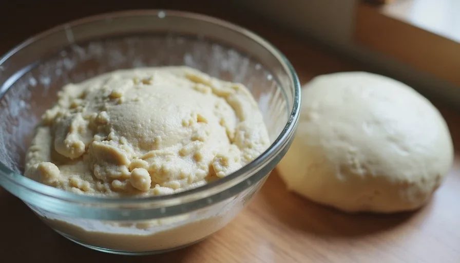 The same dough once temperature is corrected Dough that rose after warming versus still-cold dense dough