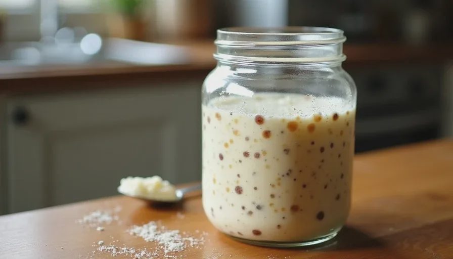 Gus at peak activity before mixing Bubbly active sourdough starter in a glass jar ready for mixing
