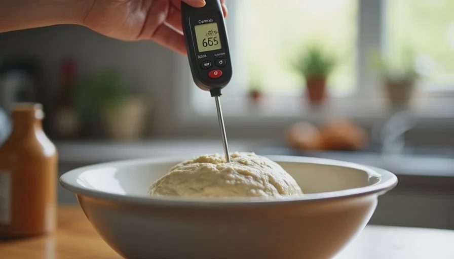 When the dough is colder than the recipe assumed Thermometer measuring cool dough temperature during bulk fermentation