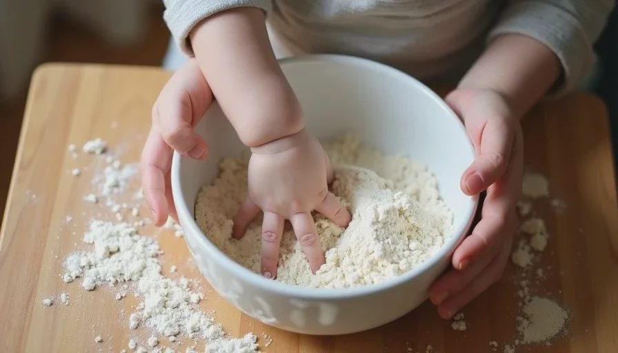 Toddler helping mix flour in a bowl with adult guidance