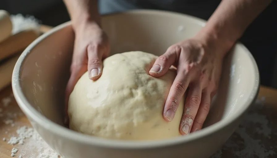 Building the strength that prevents a flat loaf Hands strengthening dough with stretch-and-folds during bulk