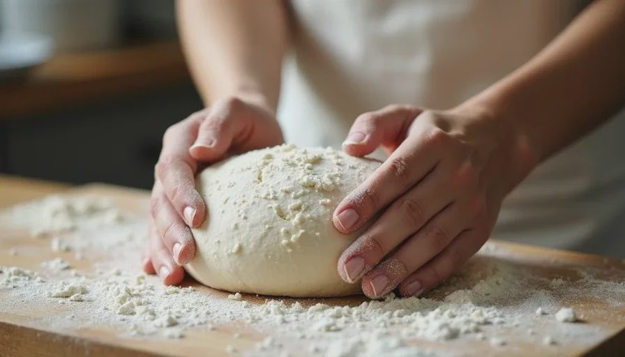 Hands shaping imperfect sourdough dough on a wooden board