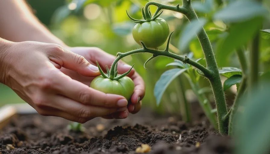 Hands inspecting tomato plants for readiness signals