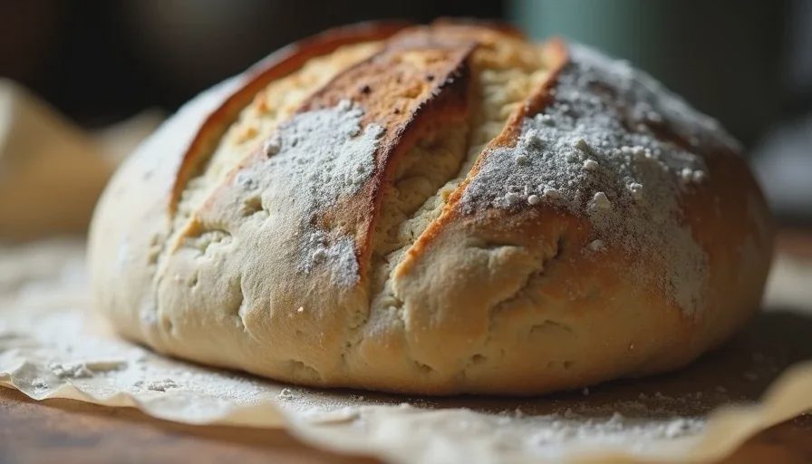 Freshly scored sourdough boule showing a clean angled cut