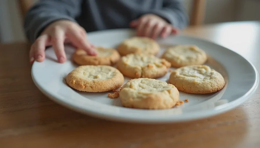 Misshapen cookies made with a toddler, small hand reaching