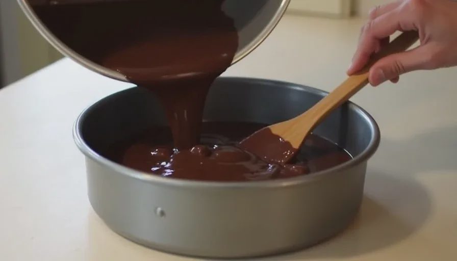 The thin batter that almost always cracks as it bakes Glossy chocolate cake batter poured into a round pan